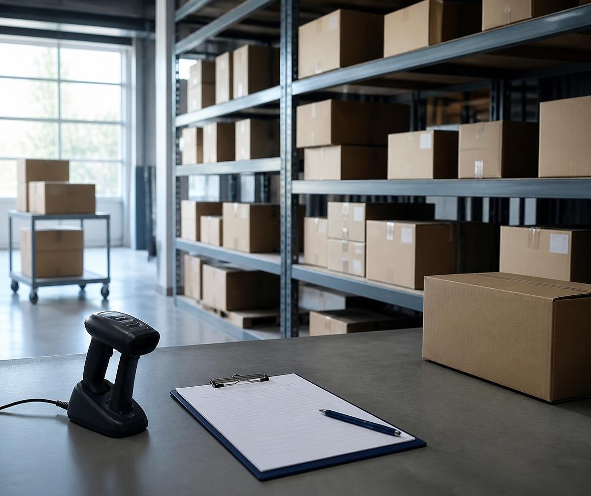 Distribution centre staging area with sorted product cartons