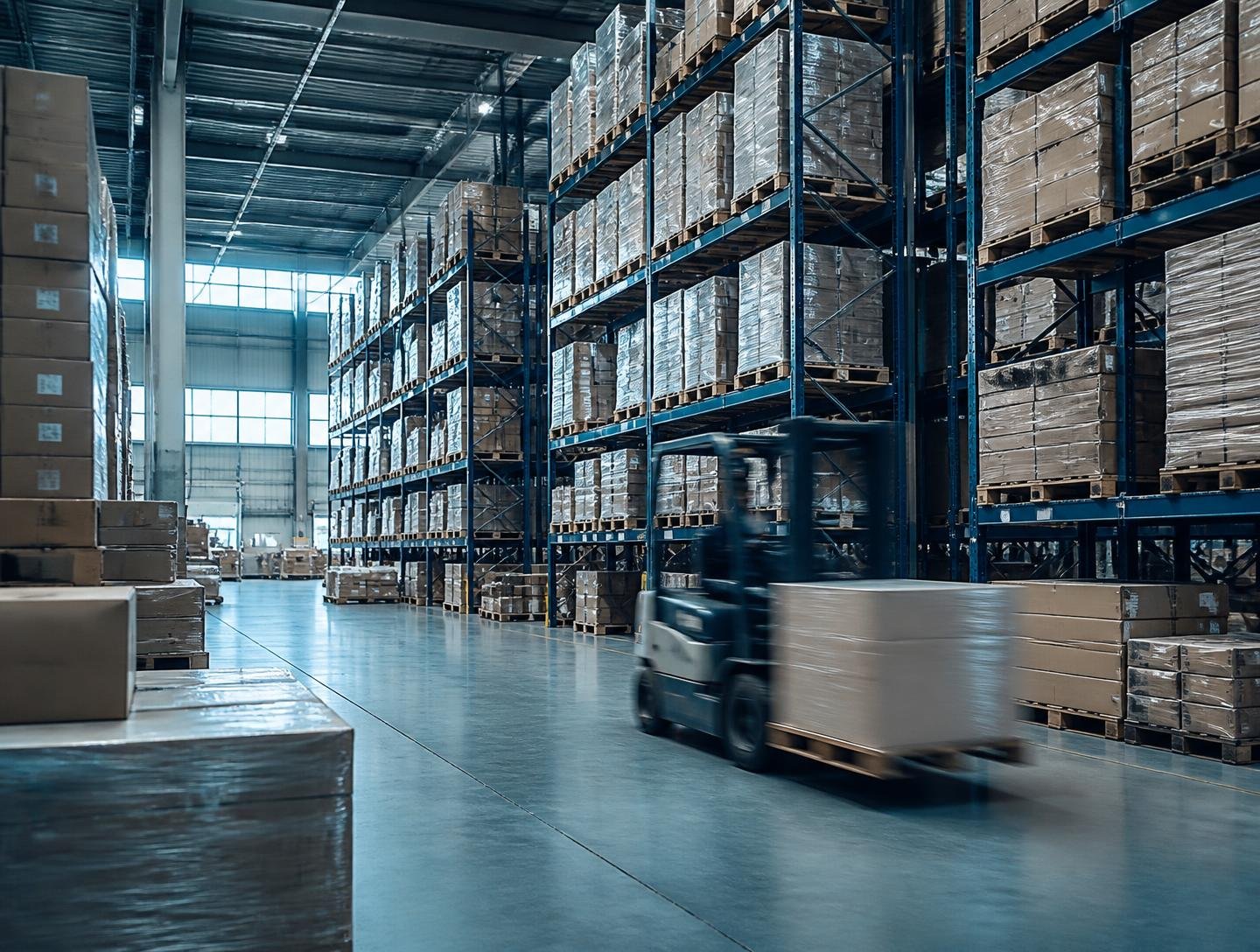 Wholesale distribution warehouse with stacked pallets and racking