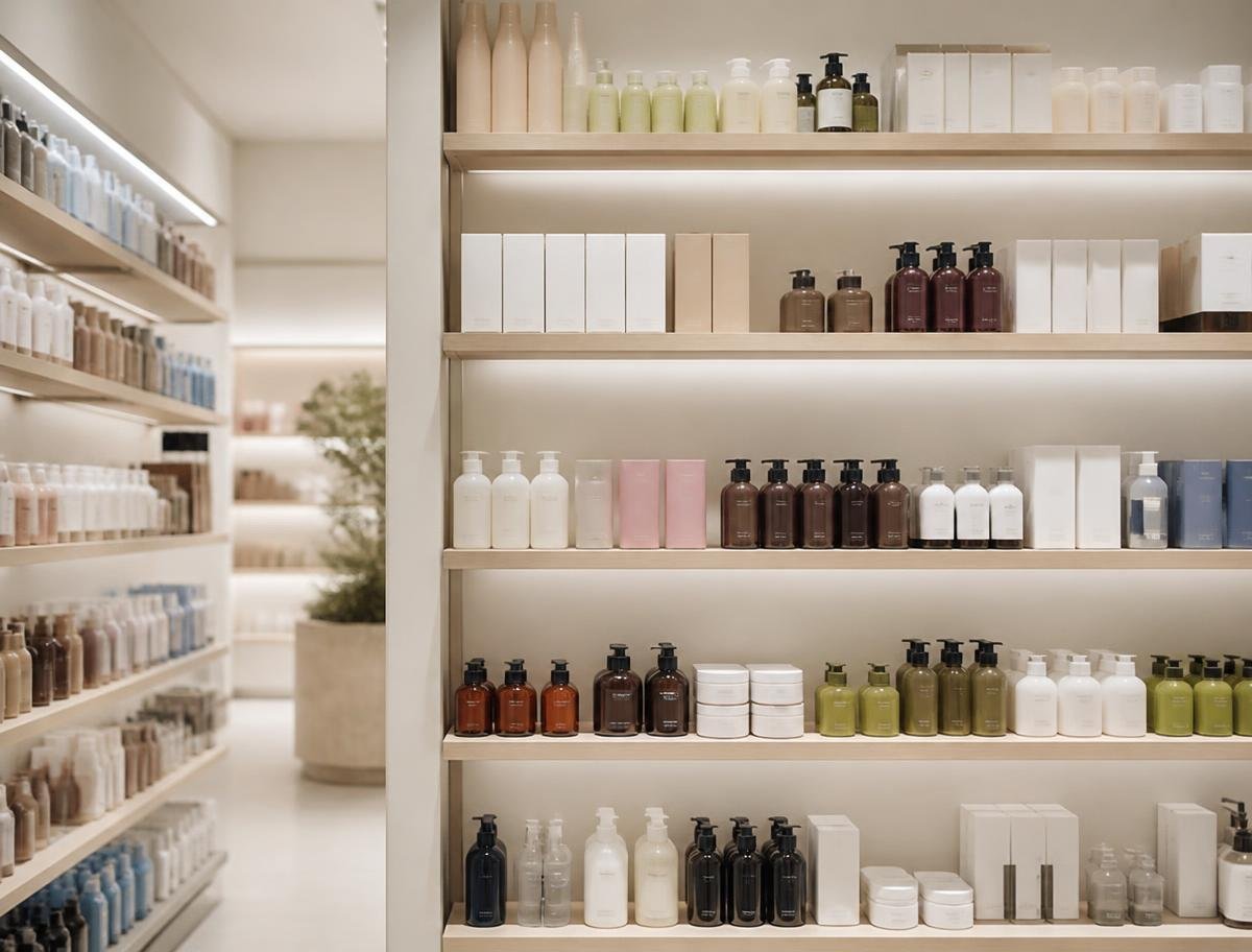 Retail shelves stocked with consumer products